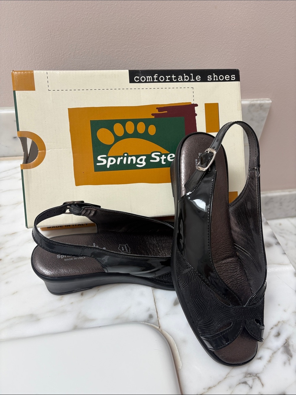 Spring Step Black Patent Slingback Sandals